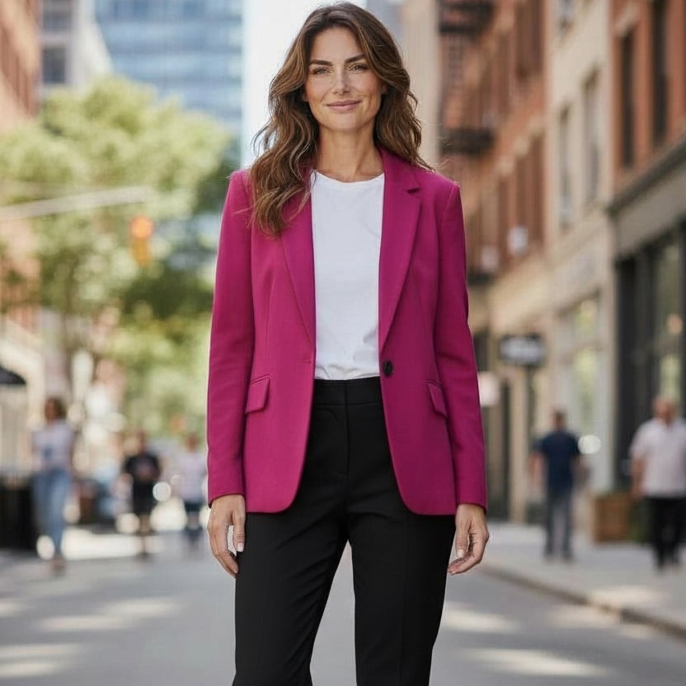 Talbots Blazer Pink Chartreuse Shaped Black Button 99% Wool 1% Spandex size 10
